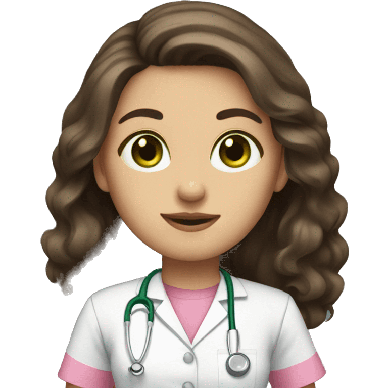 nurse with pink shirt long dark brown hair green eyes emoji