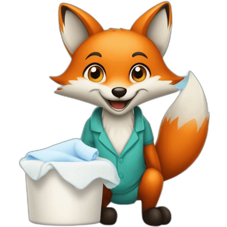 a simple happy gender neutral fox from a house keeping company with a stack of folded clean cloth and detergent in his hands emoji