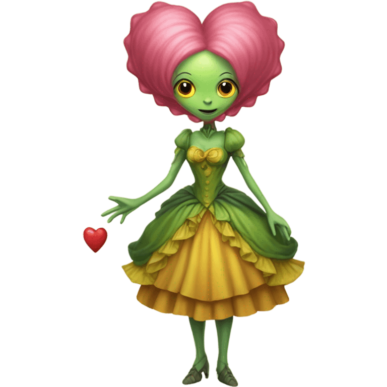 a green alien woman in Victorian orange and jellow dress, pink hair,holdig, red big hearth, full body emoji