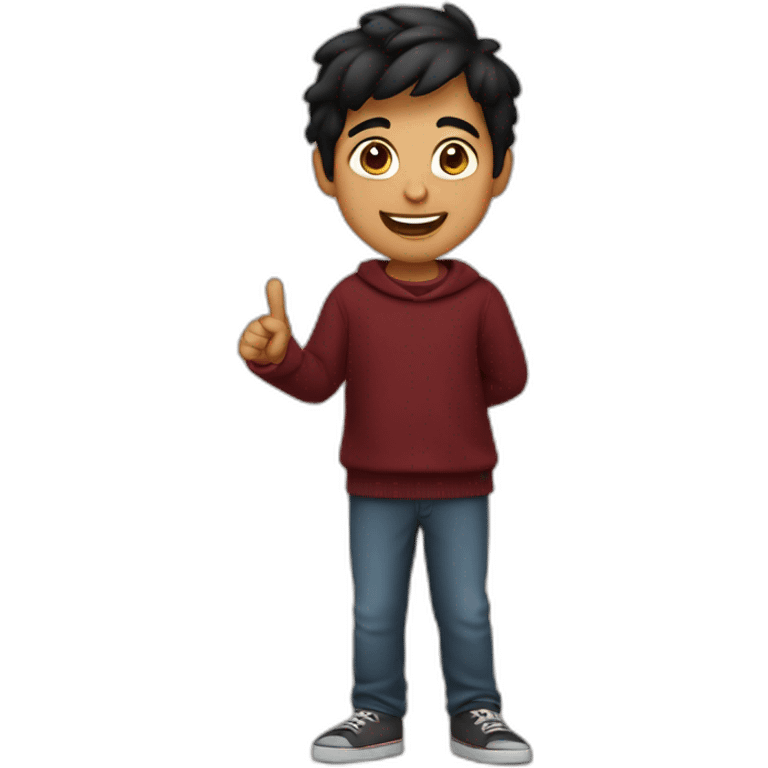 smiling and pointing north indian kid with black hair wearing a dark red sweater emoji