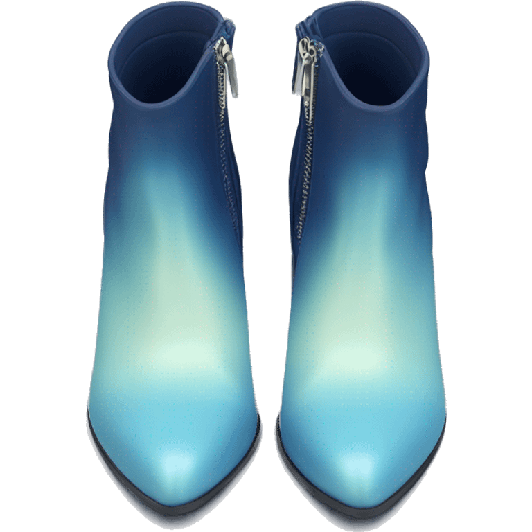 Hyper Realistic isolated top view of a pair of navy blue to pastel blue ombre zipper high heel ankle bootie boots. emoji