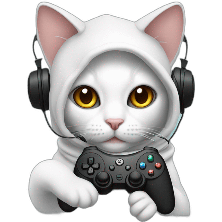 hooded cat holding gamepad and wearing headset emoji