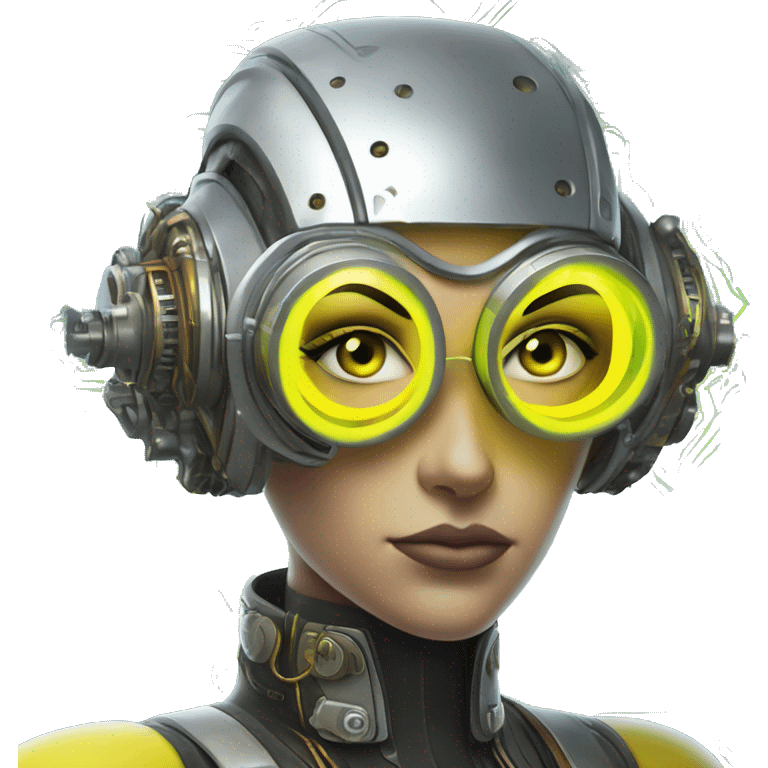 Caucasian female cyborg head with Neon yellow bobbed hair, silver steampunk goggles and circuits emoji