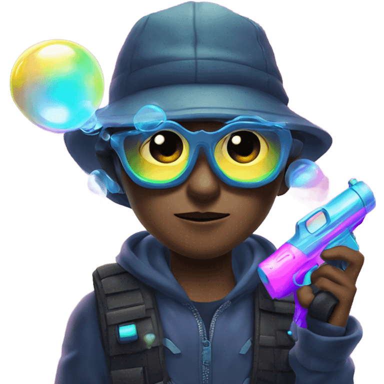 Caucasian boy in glowing rave gear with mask and hat and shooting a bubble gun emoji