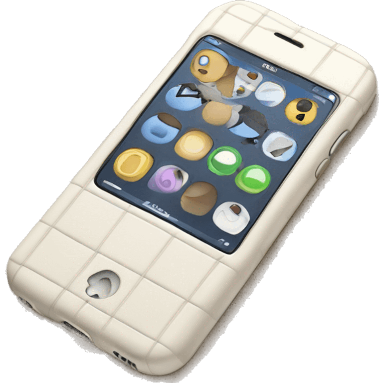 white iPhone 14 with beige checkered case emoji