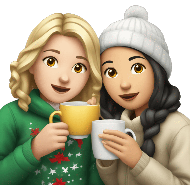 Caucasian girl and Asian girl drinking tea at Christmas time emoji