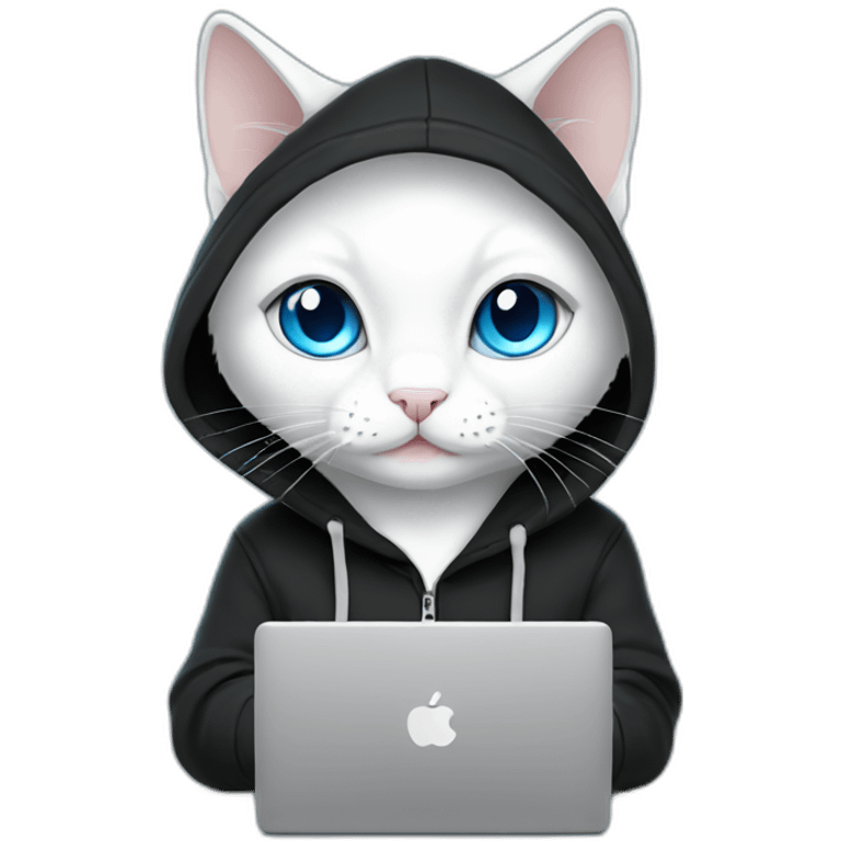 White Cat in black hoodie blue eyes with laptop emoji