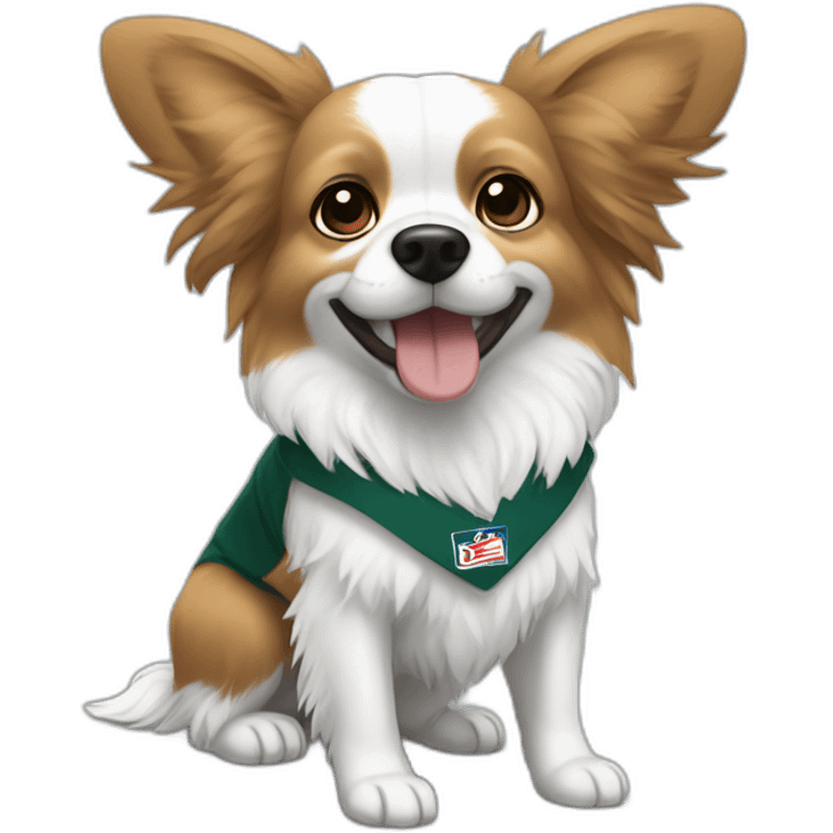 papillon dog white short hair with light brown ears smiling wearing eagles afl shirt emoji