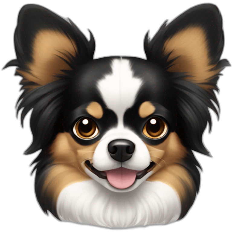 Black tan papillon long hair Chihuahua dog with some white markings chest and a snout emoji