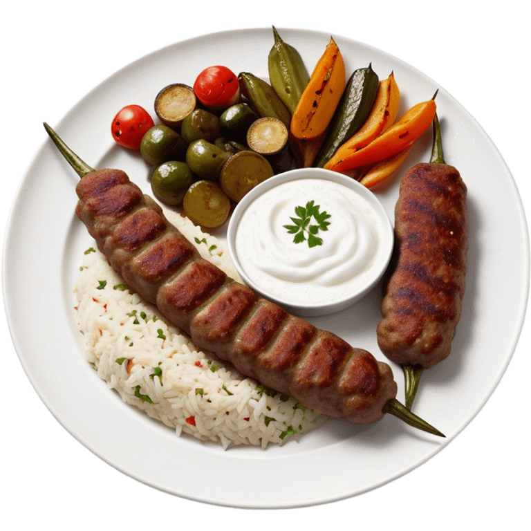 Cinematic Realistic image of a long, hand shaped Turkish Köfte, rendered with richly spiced meat textures and subtle grill marks, artfully arranged on a traditional Turkish ceramic plate alongside classic sides such as a serving of aromatic pilaf, crisp grilled vegetables, and a dollop of creamy yogurt, all bathed in warm, appetizing lighting that emphasizes its savory allure. emoji