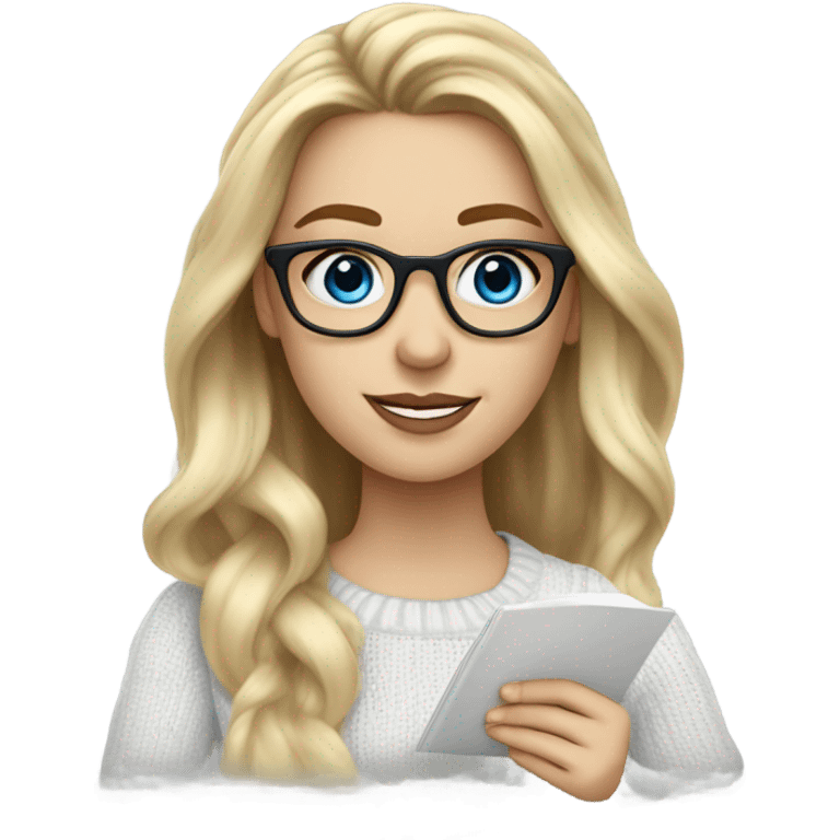 Blonde balayage long hair white women sweater blue eyes and small glasses holding note pad and pen emoji