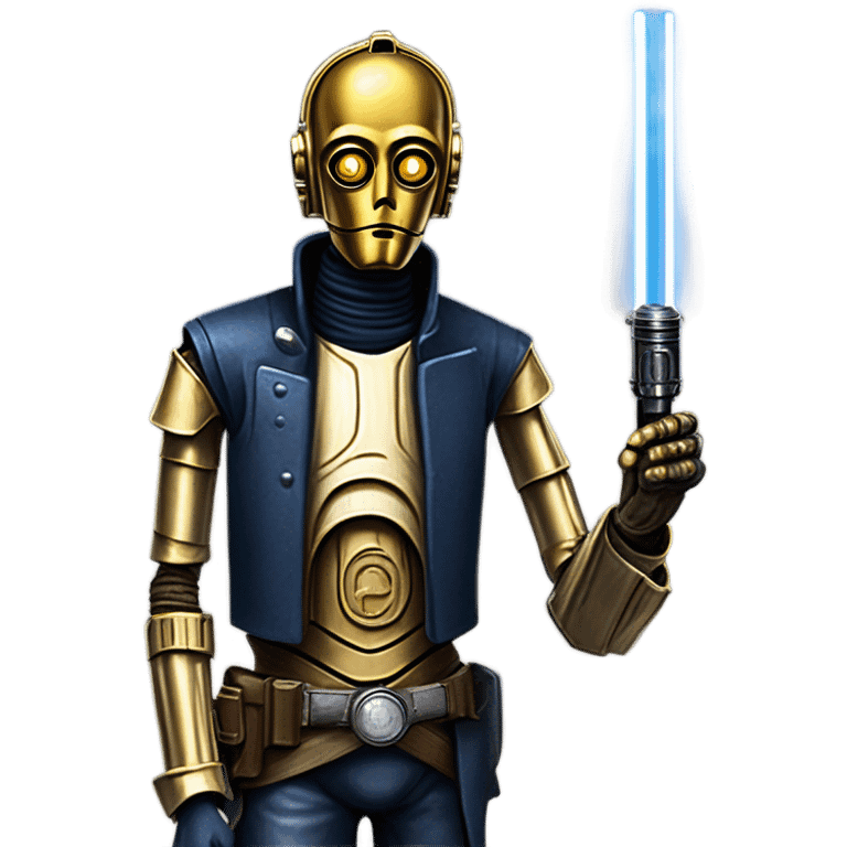 tarnished undercover tough well-equipped Jedi  life-sized darkblue-pearl C3po leather vest clothing pants and vest old west duster coat holding light saber sheriff emoji