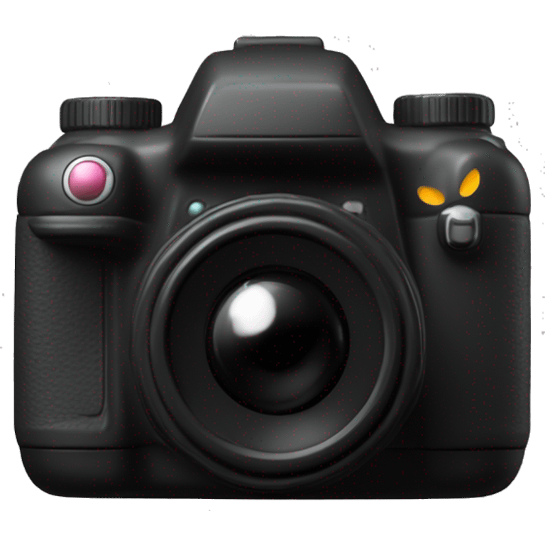 In the center of a pure black background, a 3D mimetic digital camera is facing the lens at a 0-degree angle emoji