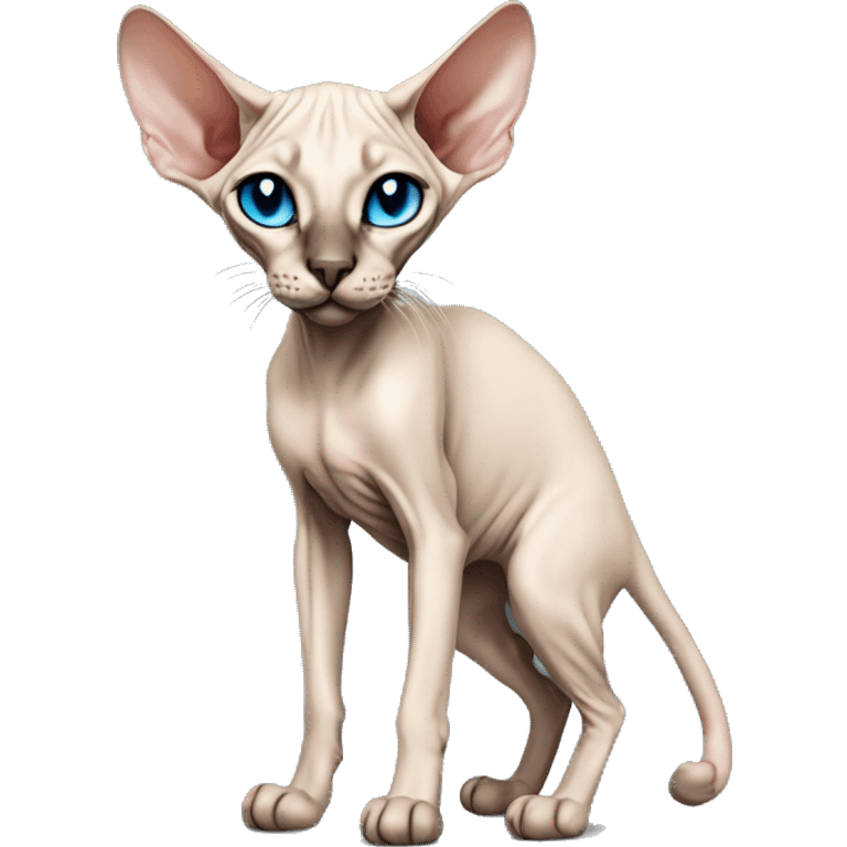 Siamese Sphynx Peterbald  cat with blue eyes, full thin body stand, black nose ears and tail emoji