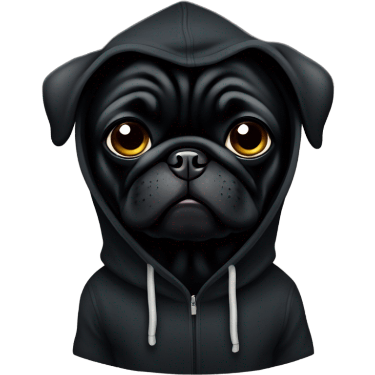 Black pug wearing a black hoodie emoji