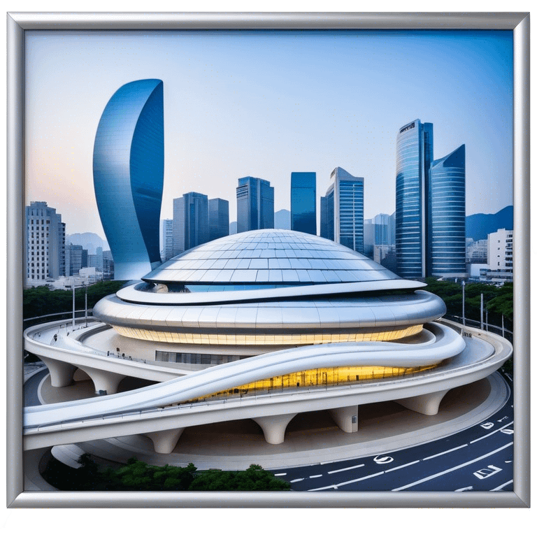 Realistic Dongdaemun Design Plaza (DDP) Landmark Emoji, featuring the iconic curving silver structure with futuristic architecture, illuminated pathways, and a sleek modern design set against the Seoul cityscape. emoji