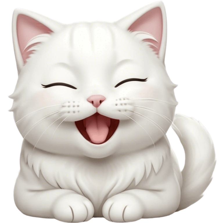 Cinematic Cute Yawning White Cat Portrait Emoji, Head gently tilted with an endearing, wide-open yawn and softly closed eyes, showcasing a pristine white fur with delicate hints of silver, simplified yet irresistibly adorable, highly detailed, glowing with a tender, cozy radiance, high shine, exuding sleepy charm and gentle affection, styled with a soft glowing outline, capturing the essence of a white cat caught mid-yawn, radiating pure, adorable lethargy! emoji