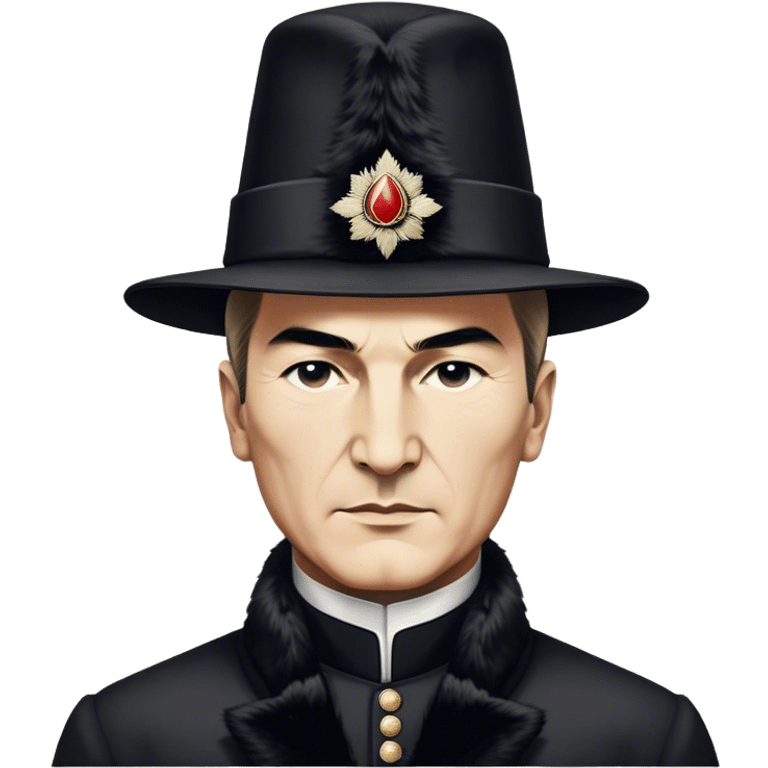 ​Cinematic Realistic Portrait of a Young Mustafa Kemal Atatürk, depicted wearing an iconic tall black fur hat along with traditional attire, his confident, visionary expression illuminated by warm, inspiring lighting, rendered with rich historical textures that capture his youthful dynamism and transformative leadership, emoji