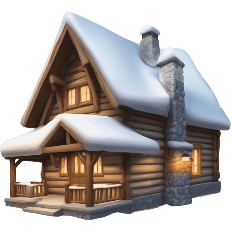 the outside of a cute rustic ski house in the snowy mountains  emoji