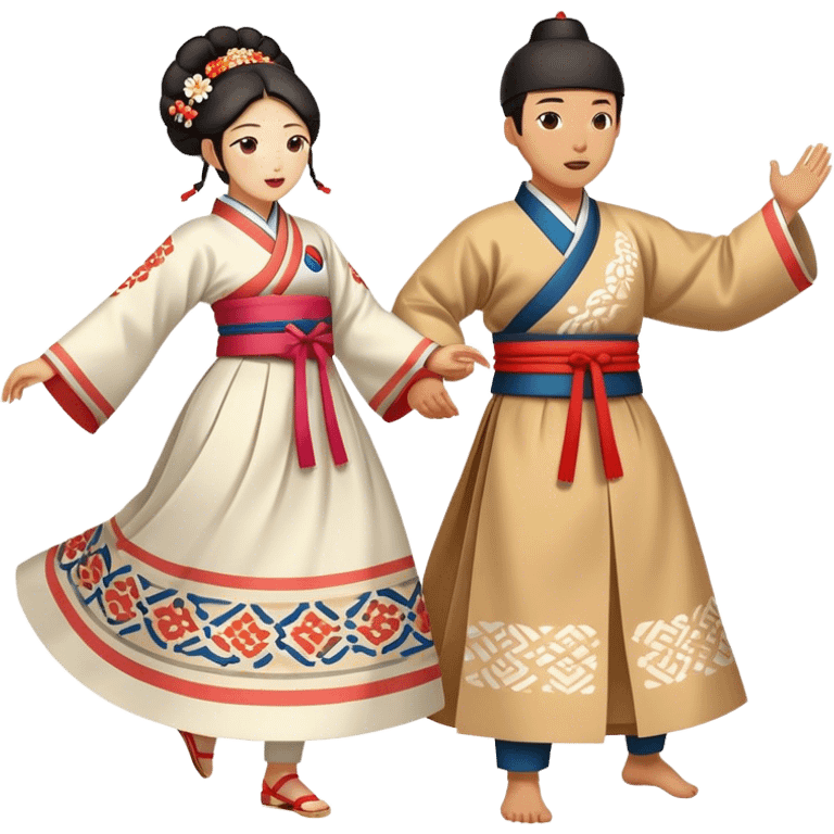 Cinematic Realistic scene of two performers engaging in Ganggangsullae, dressed in traditional Korean costumes with intricate patterns and graceful movements, illuminated by soft, festive lighting that accentuates the cultural ambiance emoji