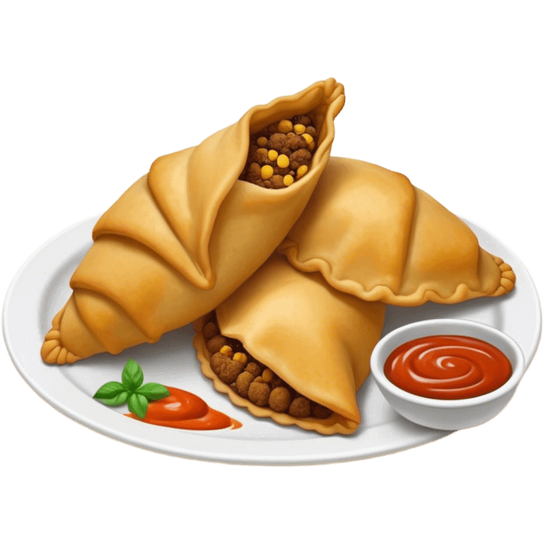 Cinematic Realistic Colombian Cornmeal Empanadas Emoji, showcasing the golden, crispy shell filled with savory meats and spices, served with a side of aji dipping sauce, rendered with vibrant textures and warm, inviting lighting. emoji