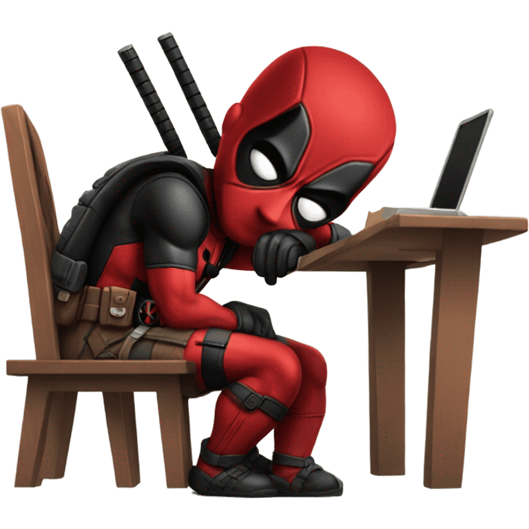 Cute Deadpool sitting at a desk, front view emoji