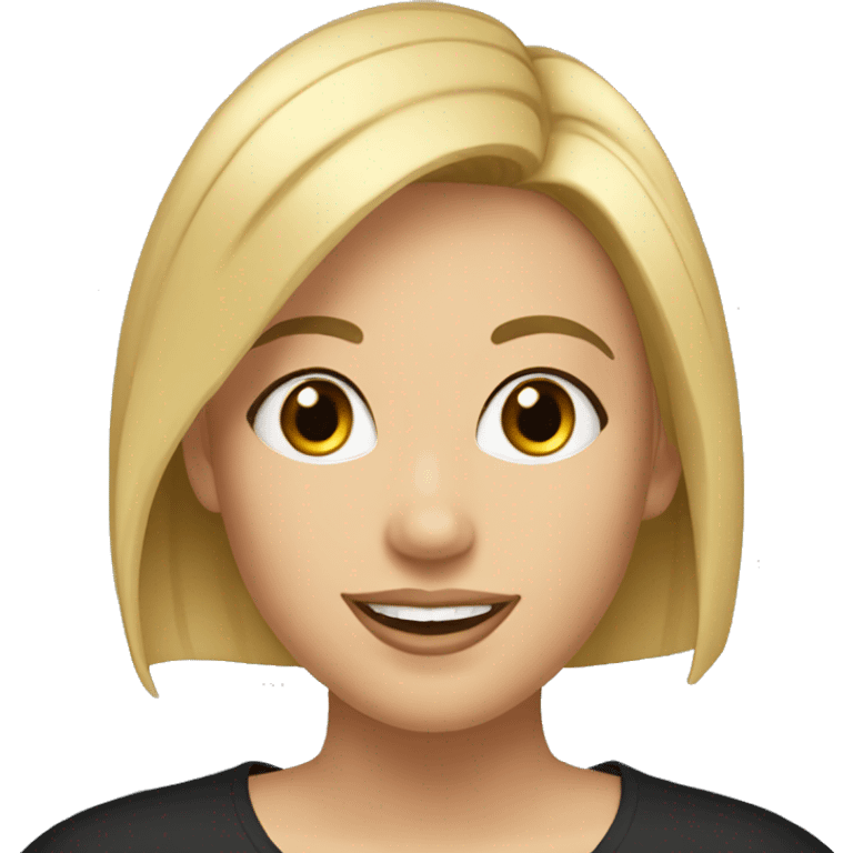 Beautiful girl in a black shirt with short straight blonde hair, thin lips, thin eyebrows, smiling.  emoji