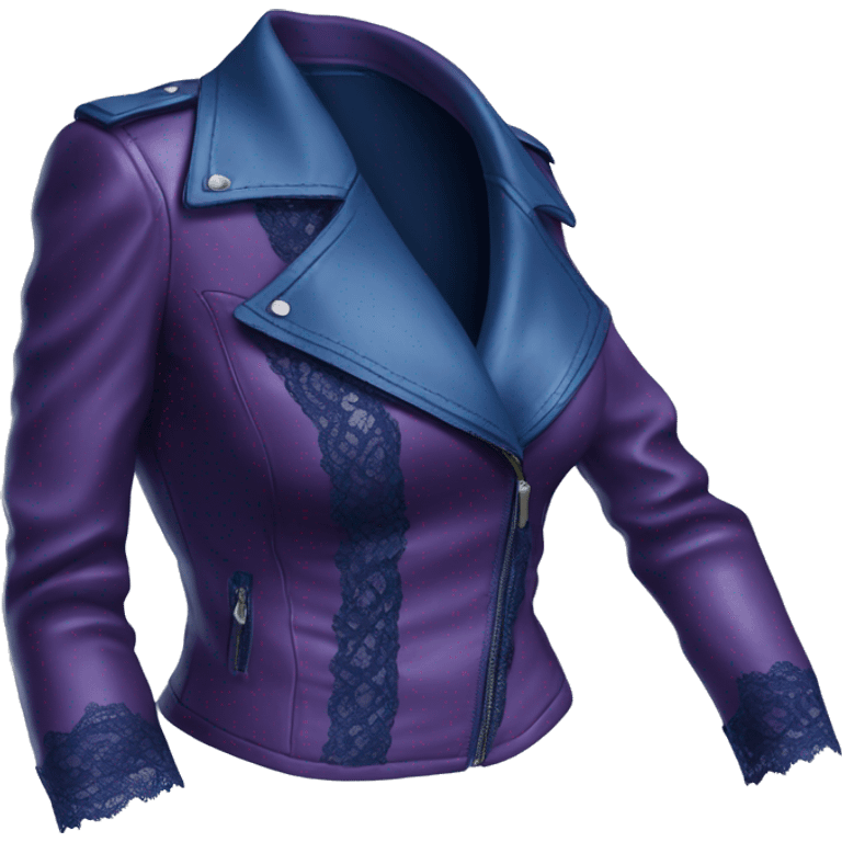 Realistic side view of a dark purple leather jacket with dark blue lace and blue silk camisole blouse underneath it. emoji