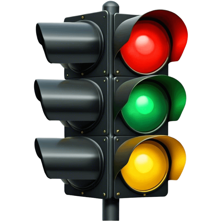 Traffic signal with green light illuminated. Top light red and dark. Middle light is yellow and dark. Bottom light is green and bright emoji