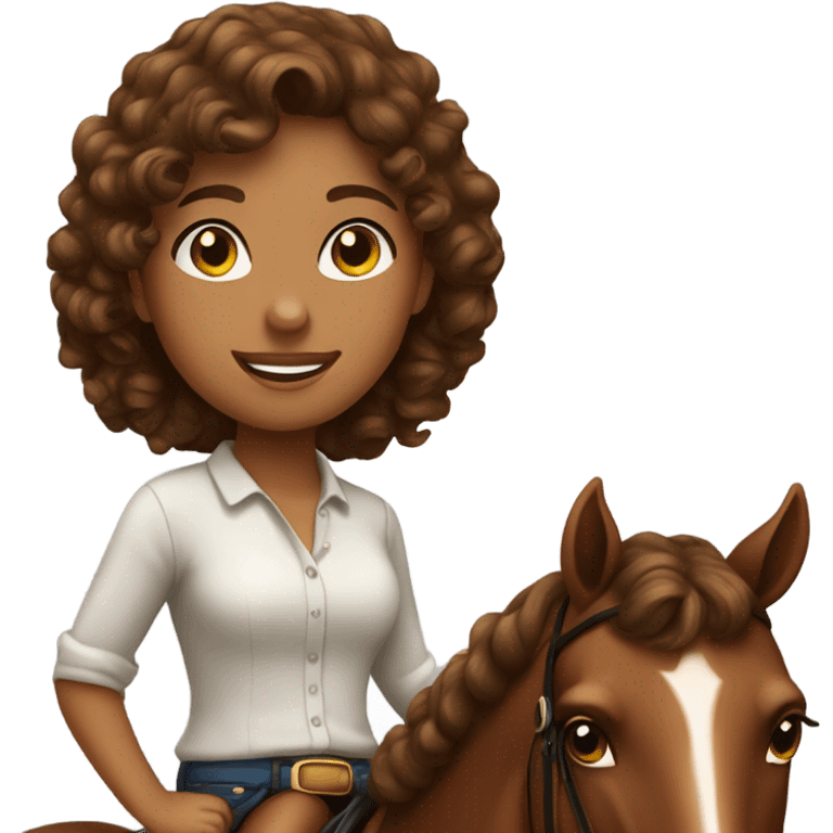 Girl with brown curly hair on a bay horse  emoji