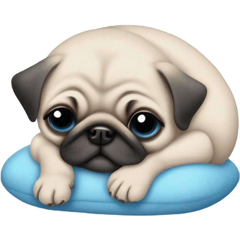 Baby pug with blue eyes sleeping on a blue cushion  emoji