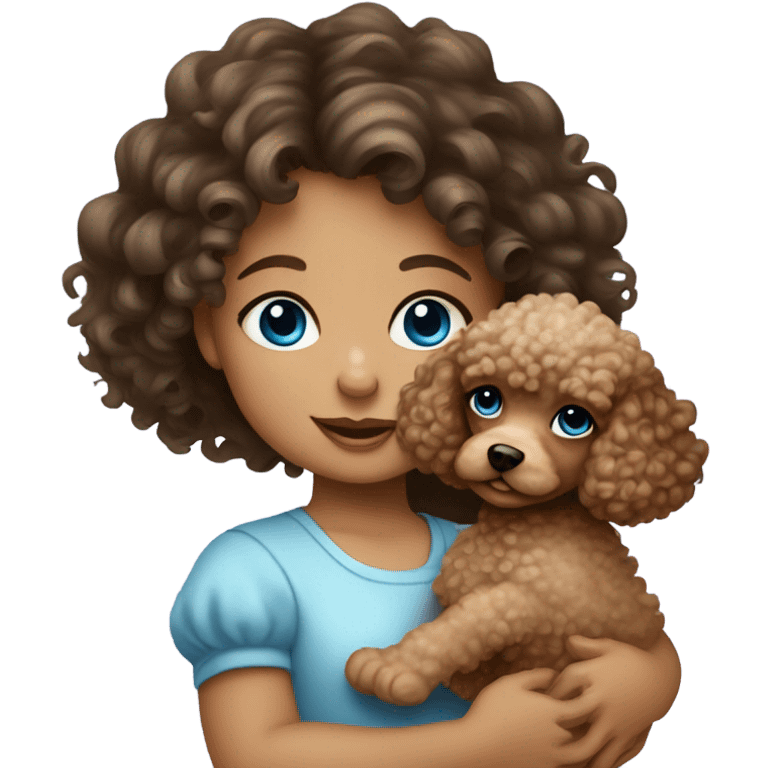 Brunette baby girl with curly hair and blue eyes holding a baby poodle emoji