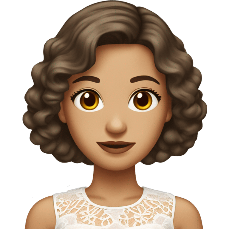 Adult woman with brown eyes, light tanned skin, long wavy dark brown hair, wearing a white lace dress with round collar emoji