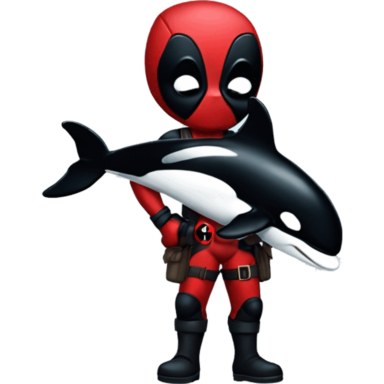 Deadpool holding a baby orca emoji