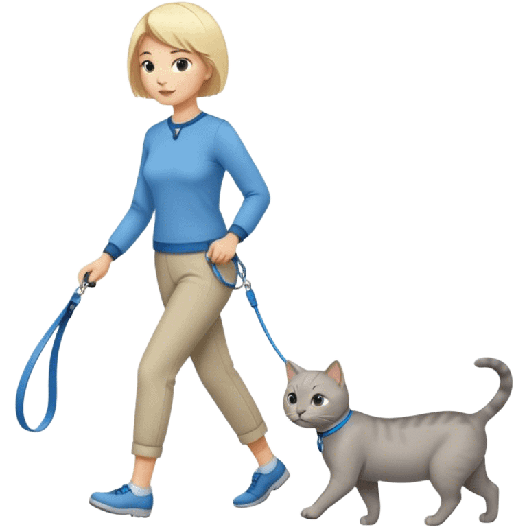 blonde short-haired woman walking a gray cat on a blue leash emoji