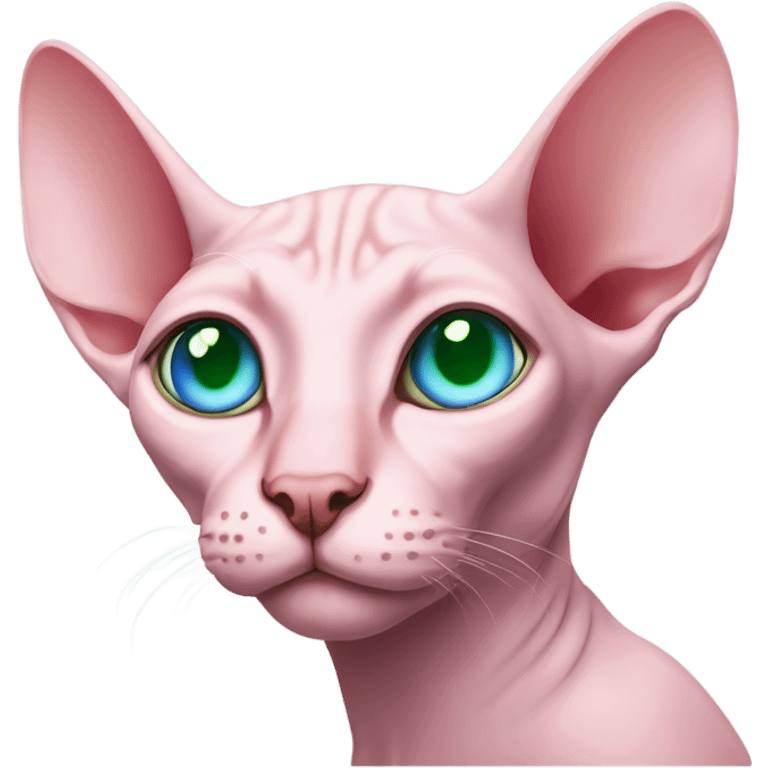 Pink sphinx cat with one eye blue and one eye green emoji