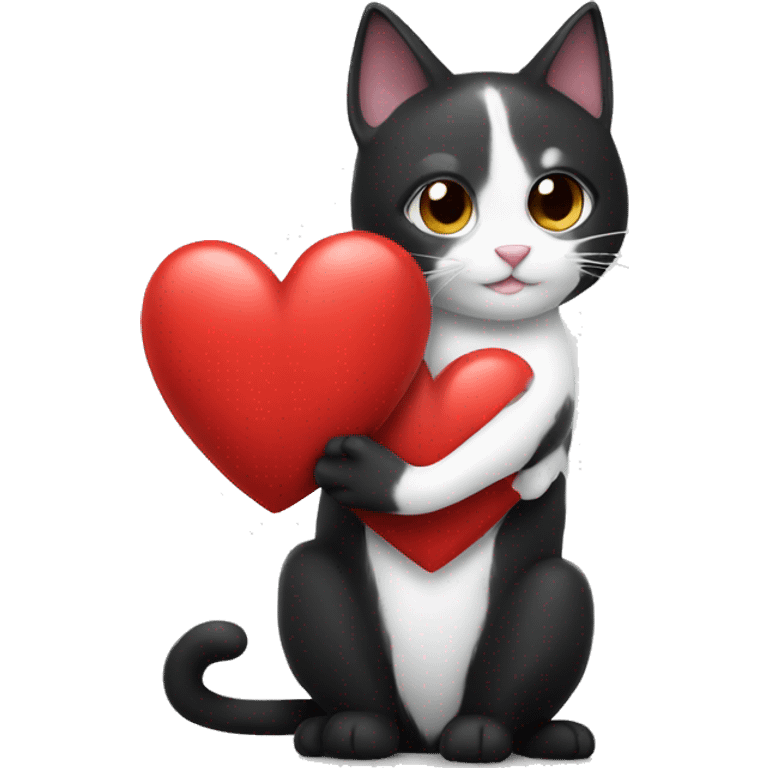 Black and white cat holding a heart emoji