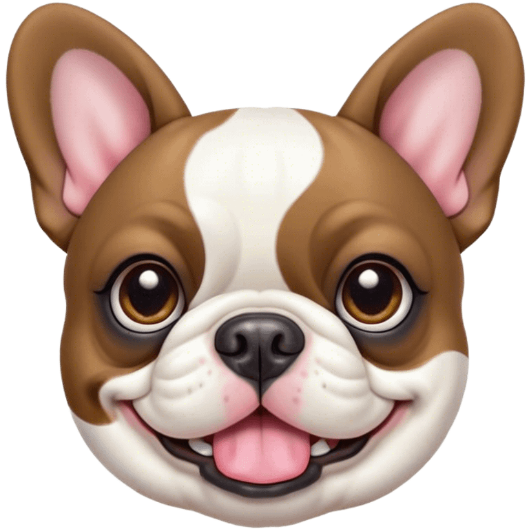 Cinematic Cute Pied French Bulldog Portrait Emoji, Head tilted with a sweet, mischievous grin and large, inviting eyes, featuring a unique pied fur of contrasting colors, simplified yet irresistibly endearing, highly detailed, glowing with a warm, playful radiance, high shine, exuding a quirky charm and affectionate personality, styled with a soft, lighthearted outline, capturing the essence of a cute Pied French Bulldog that looks ready to charm its way into your heart! emoji