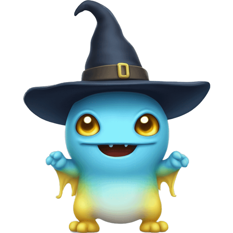 cute monster with white body, yellow tail, wearing blue sky witch hat. the face facing the front towards the 4th wall emoji