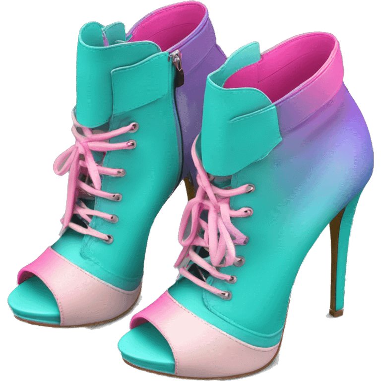 Realistic isolated top view of a pair of dark turquoise,pastel pink and pastel purple ombre peep toe high heel ankle boots. emoji