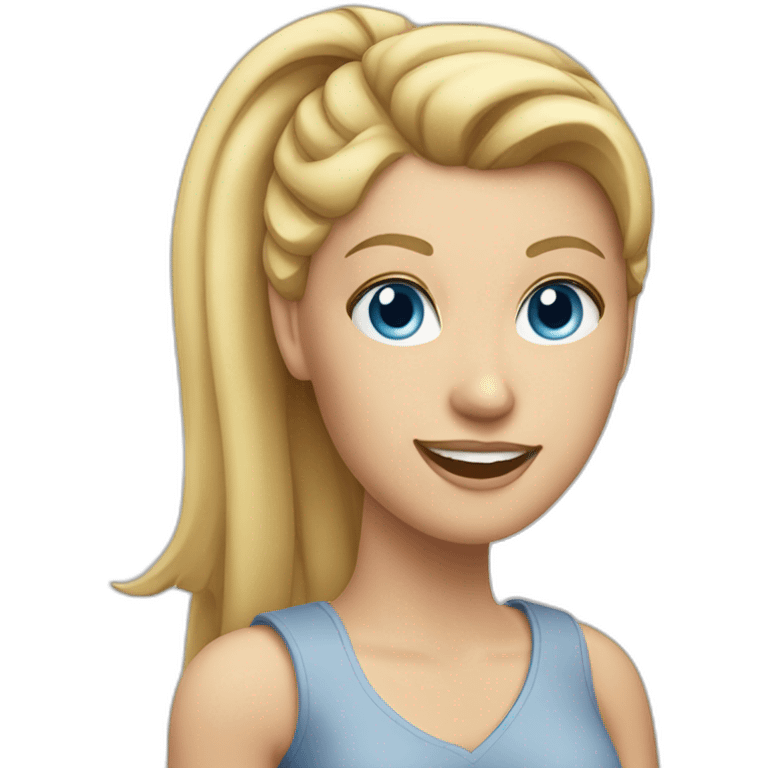 a blond woman with ponytail blue eyes and a mac computer emoji