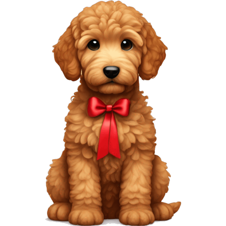 Ginger golden doodle. Baby. Full body sitting down. Red ribbon  emoji