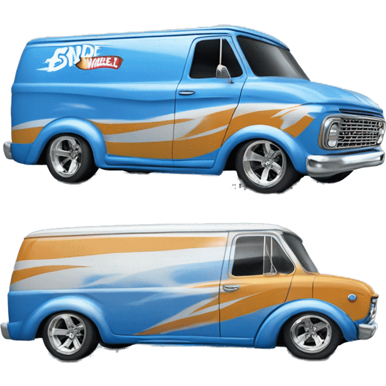 Side shot, Hot wheels, Hot rod, large panel van truck,1964 with exposed chrome exhaust pipes, blue, large wheels in back small front wheels  emoji