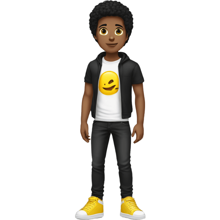 Boy with black hair black t-Short black jeans yellow sneakers and white skin emoji