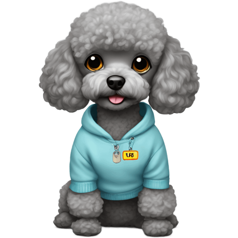 Gray toy poodle with a sweatshirt with the name Louie on his tag emoji