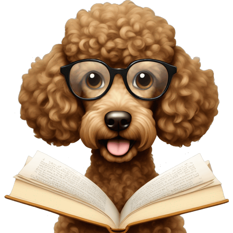 Brown poodle with wire rim glasses reading a book emoji