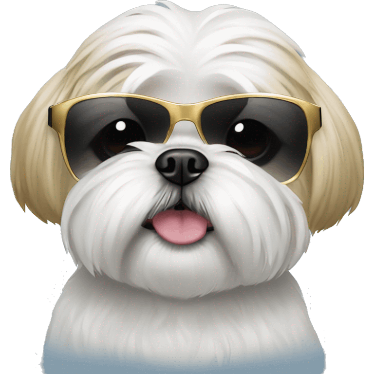 White shihtzu wearing sunglasses with gold rim emoji