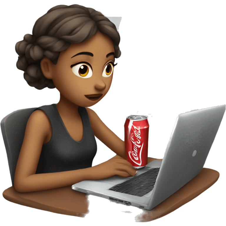 tired girl with laptop drinking coca-cola emoji