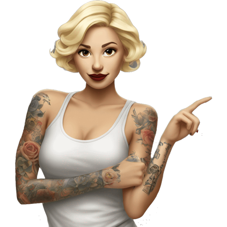 Blonde elegant women, her Body Covered with Tattoos, POINTING to YOU FORWARD with her ONE HAND , Hyper realistic emoji