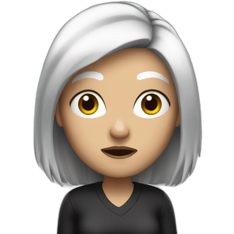 Sixty woman with black and White hair, angry emoji